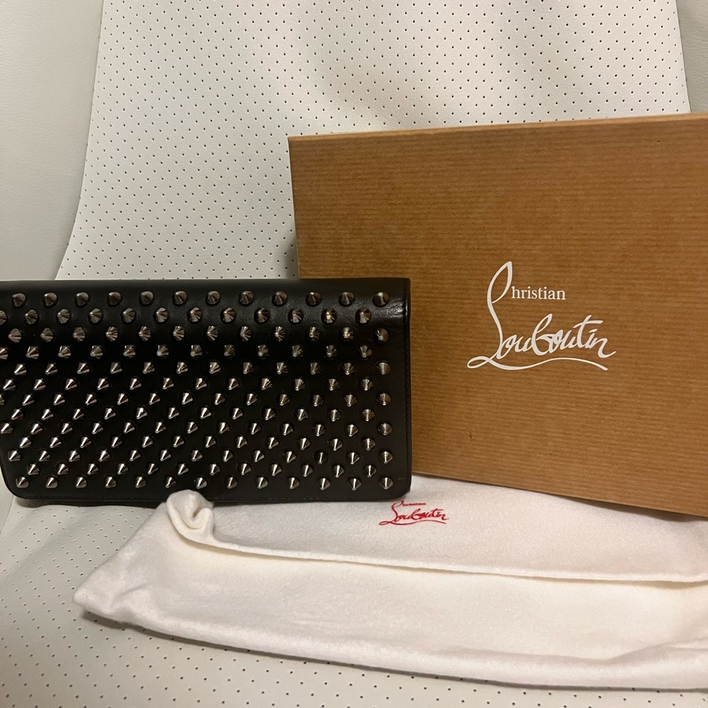 Christian Louboutin Black and Silver Studded clutch with wristlet, wallet